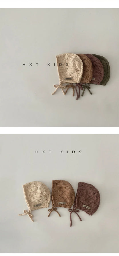 Fashion Retro Hollow Children Knitted Hats Handmade Crochet Flower Girls Parent-child Outdoor Cotton Hat 2024 Autumn Winter Caps