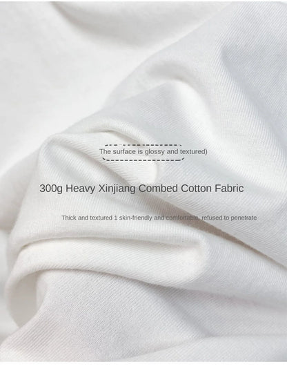 Beige 300g Heavyweight Cotton T-shirt, Loose Summer Round Neck Basic Tee for Men & Women