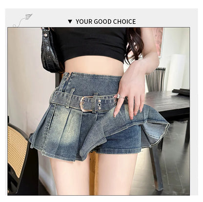 Sweet Sxey Denim Cake Skirt Women Retro Hight Waist A Line Mini Skirt Female Korean Fashion Casual Streetwear Pleated Skirt Y2K