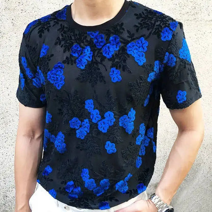 Sexy Round Neck T Shirt Soft Velvet Slim Men Clothing Nightclub Short-sleeved Top Quality Transparent Floral T Shirt See Through