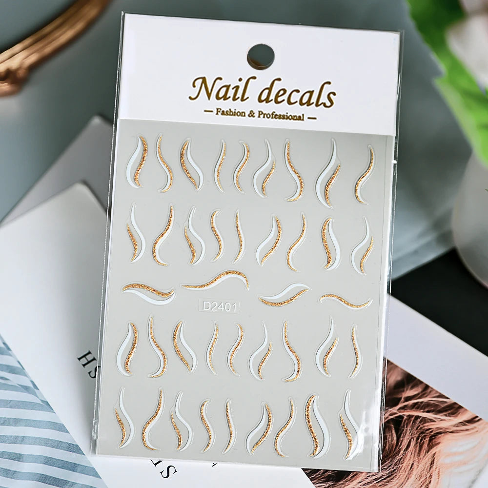 1pcs Gold Glitter French Design Nail Stickers White Silver Curve Lines Stripe Wave Nail Decals Slider Reflective Manicure Wraps