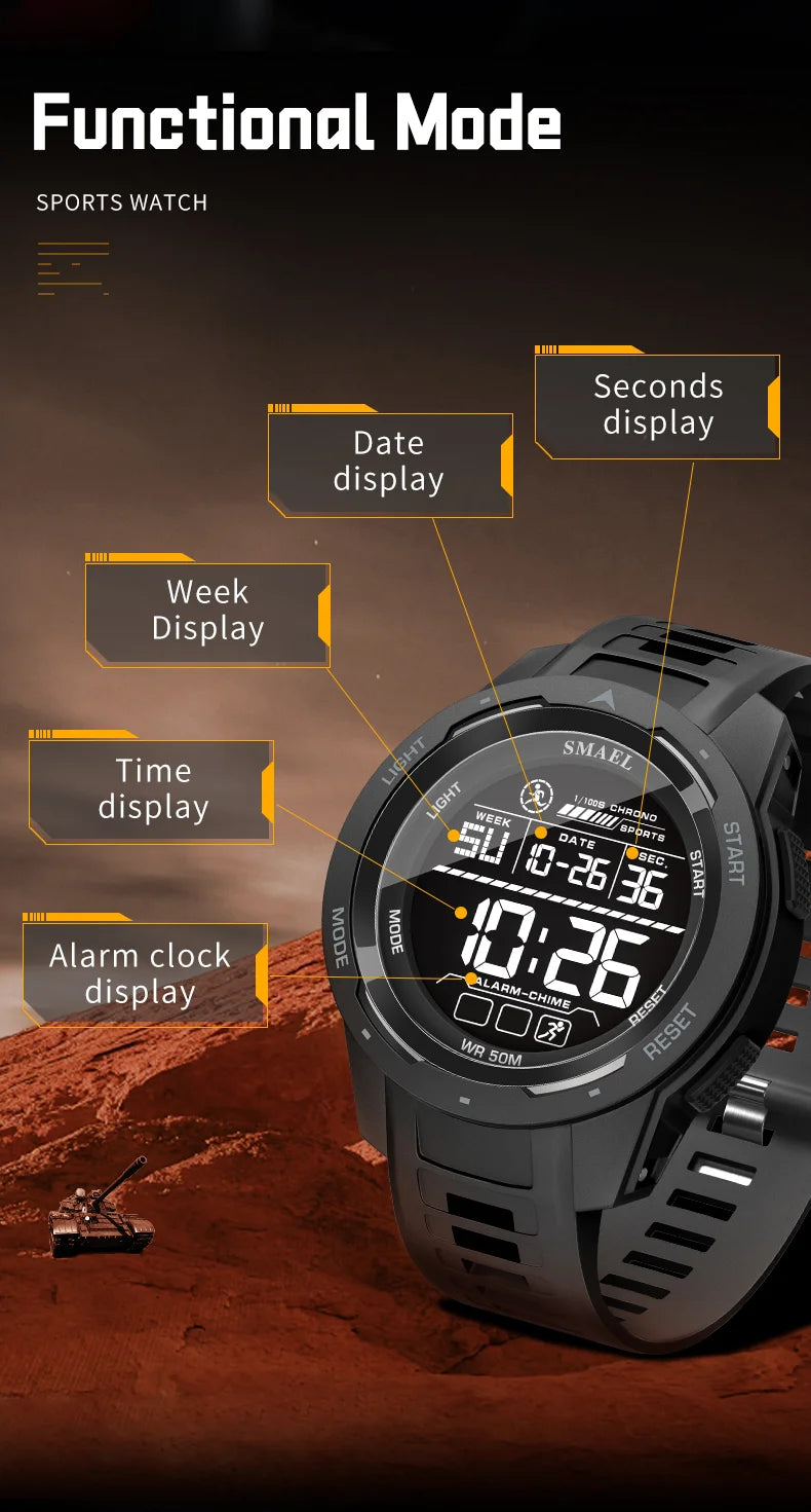 SMAEL 8105 Digital Watches Sports LED Wristwatches Men's 50m Waterproof Watch Digital Light Stopwatch Watch for Men