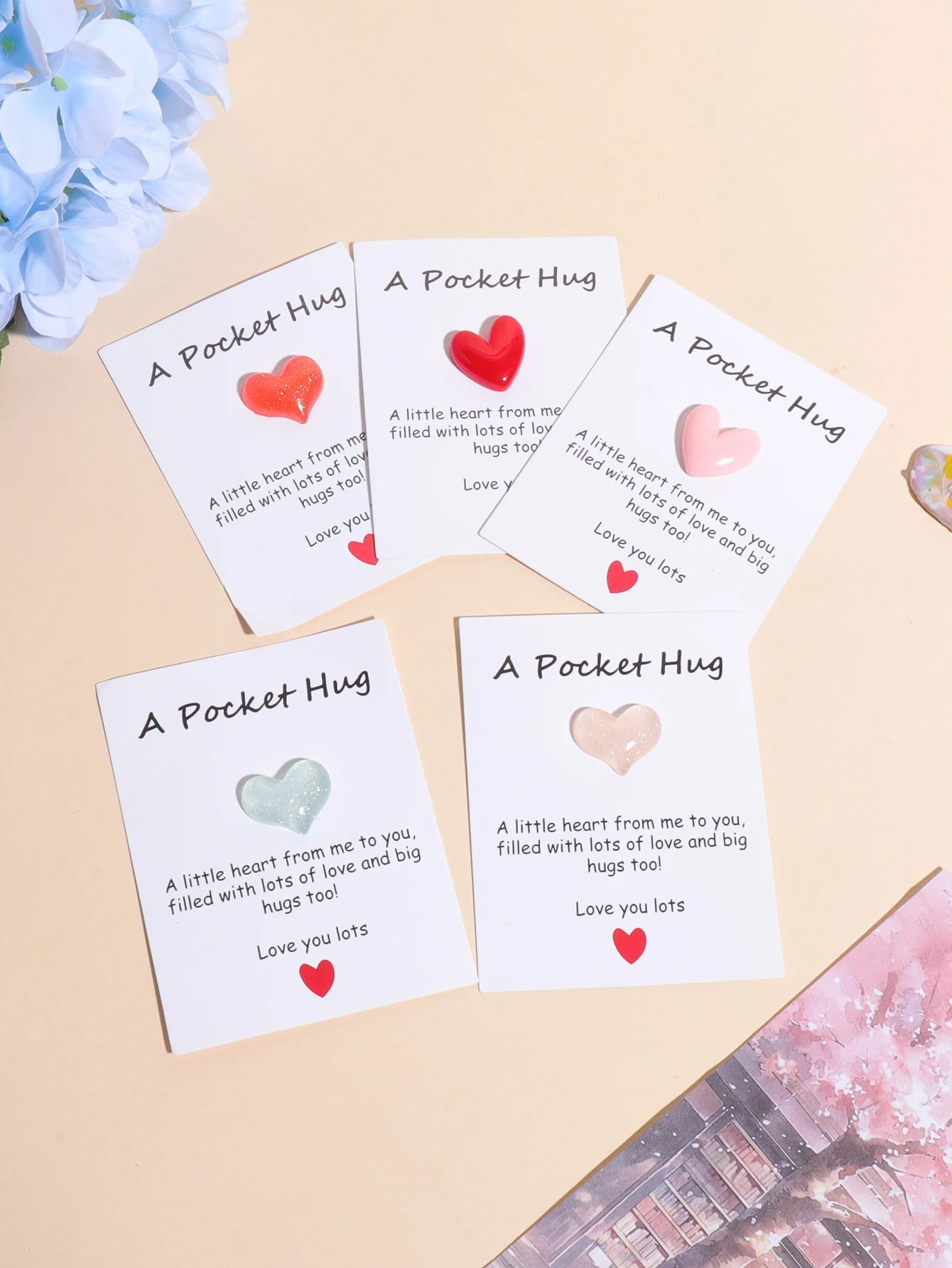 4 Pack Small Cute Pocket Hug Cards, Heart Shape Encouragement Greeting Cards, Mini Love Cards for Birthday Valentine