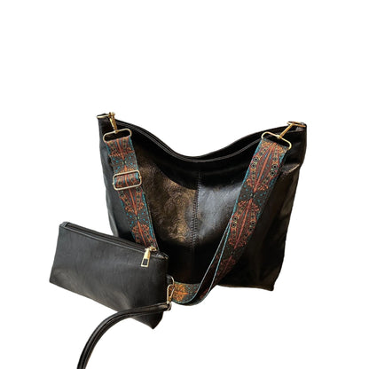 2-Piece Large Capacity Bohemian Wide Strap Soft PU Tote Bag, Shoulder & Handheld Bag, Ideal Birthday Gift