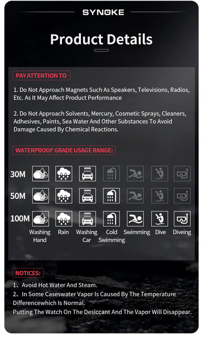 SYNOKE Watch Outdoor Sports Multifunctional Waterproof Shock Resistant Large Screen Display Luminous LED Digital Watch For Men