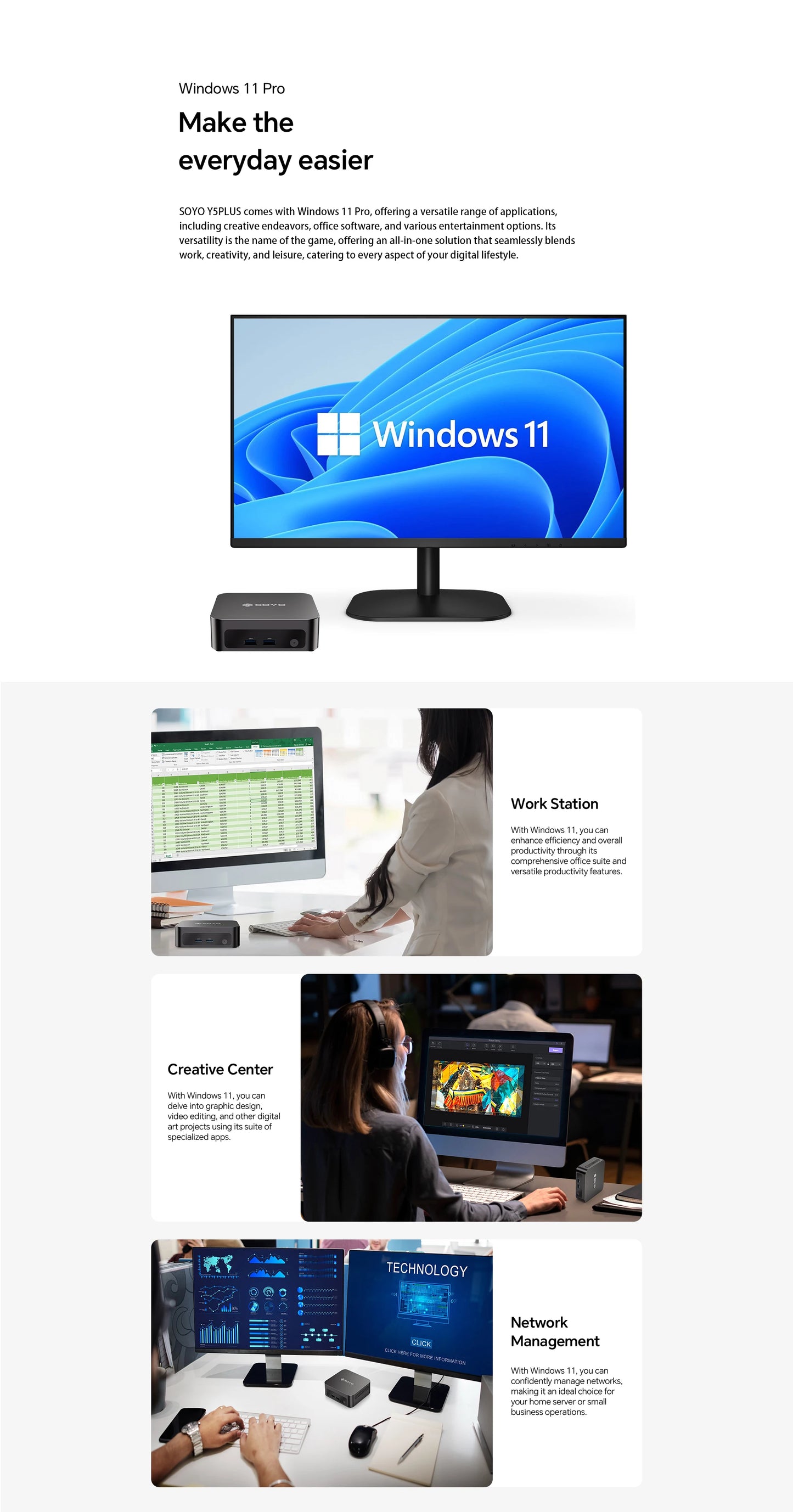 SOYO Y5 Plus Mini PC Intel Core i7 4th Gen CPU with Windows 11 Pro, 8GB RAM, 128GB M.2 SSD, Supports Dual 4K Displays via USB-C, Ideal for Office and Business