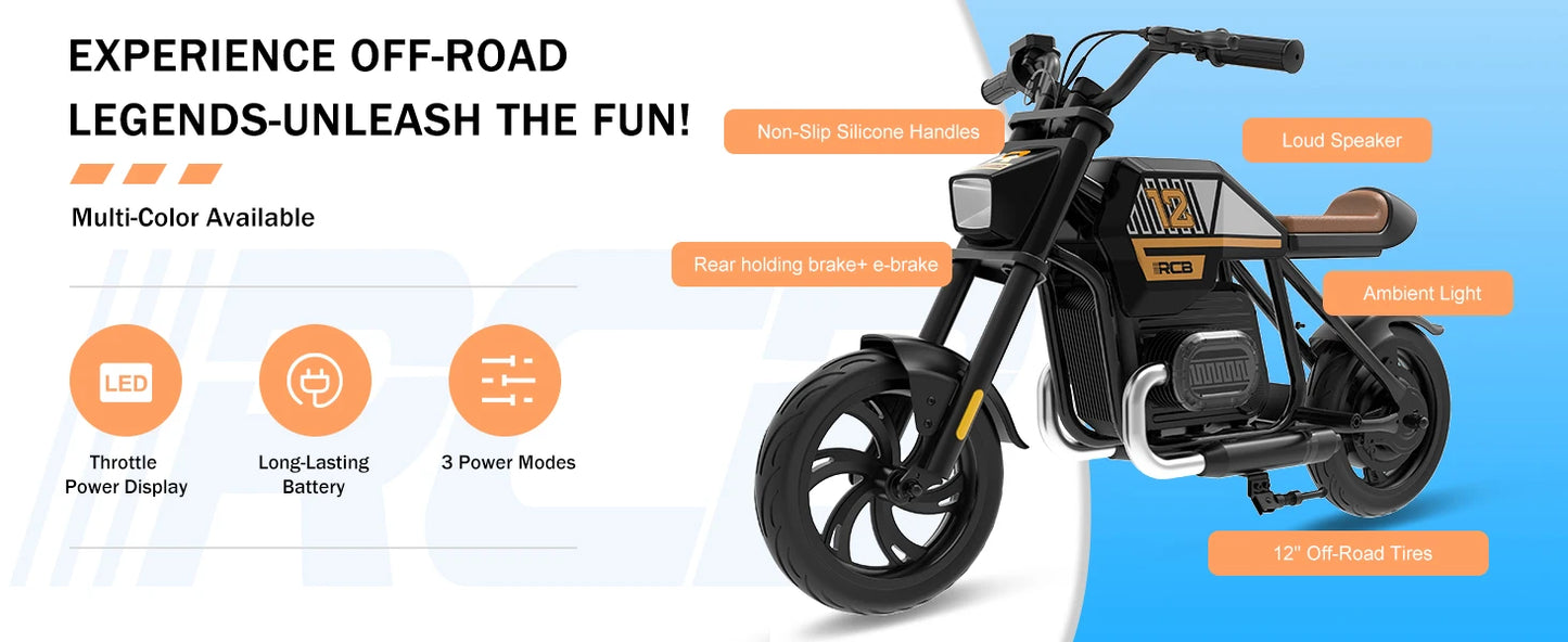 RCB KIDS Kids Electric Motorcycle R9, 200W 24V Rechargeable Ride On Toy, 3 Speed Adjustable, Bluetooth Music LED Light, Max Load 80kg, Outdoor Racing Toy for Children 6+