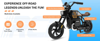 RCB KIDS Kids Electric Motorcycle R9, 200W 24V Rechargeable Ride On Toy, 3 Speed Adjustable, Bluetooth Music LED Light, Max Load 80kg, Outdoor Racing Toy for Children 6+