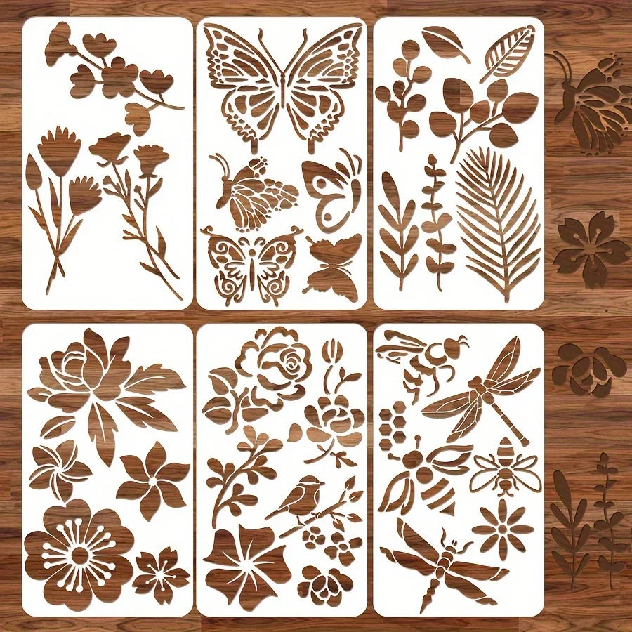 6 Pcs 3.15x5.5inch Butterfly Flower Leaf Plastic Stencils Set for DIY Journal Scrapbooking Wood Painting Template