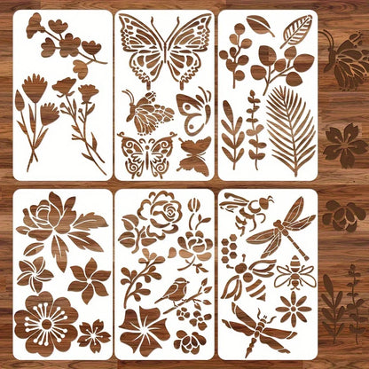 6 Pcs 3.15x5.5inch Butterfly Flower Leaf Plastic Stencils Set for DIY Journal Scrapbooking Wood Painting Template