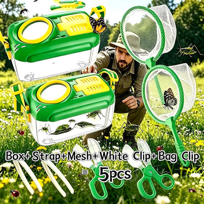 Outdoor Insect Observation Set, 5-Piece Set, Insect Collection and Observation Box with Magnifying Glass, Insect Catching Net, Insect Catching Scissors, Tweezers, Portable Lanyard, Natural Science Exploration, Outdoor Learnin