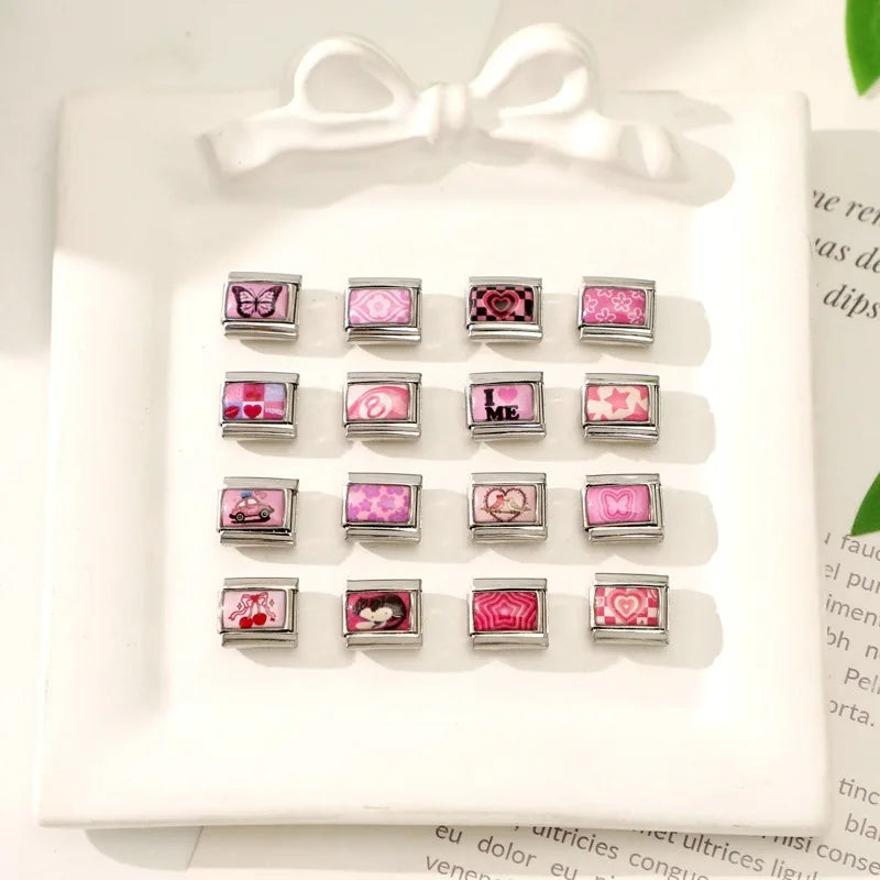 Wholesale Sweet Pink Series Stars Heart Flowers Butterfly Italian Link Fit 9mm Stainless Steel Bracelet Making DIY Charm Jewelry