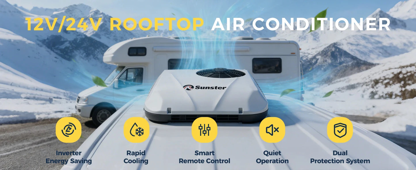 Sunster 12V/24V Fast Cooling Roof Air Conditioner Energy Conservation Rooftop Parking Air Conditioner For RV Truck Camper Van Caravans Motor Portable Air Conditioner
