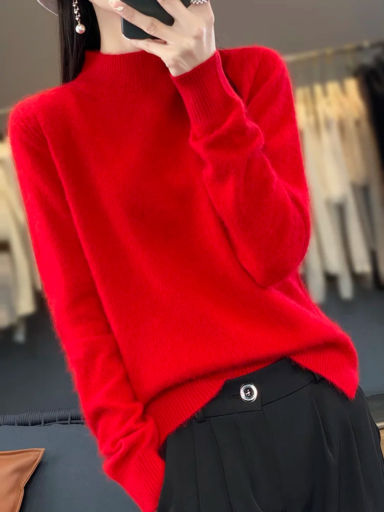 100% Mink Cashmere Sweater Women's Half High Collar Pullover Long Sleeve Cashmere Knitwear Fashion Autumn Winter Female Clothing