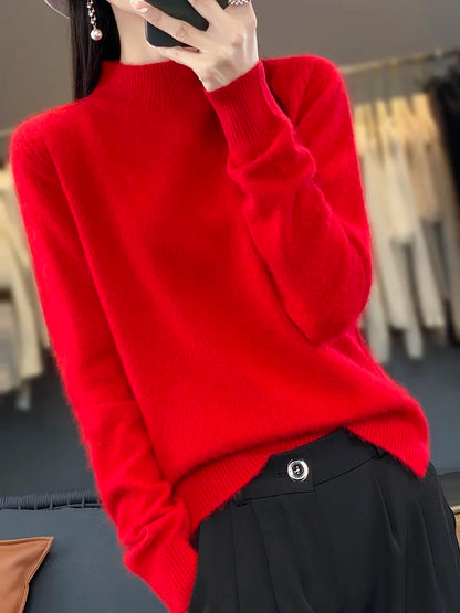 100% Mink Cashmere Sweater Women's Half High Collar Pullover Long Sleeve Cashmere Knitwear Fashion Autumn Winter Female Clothing