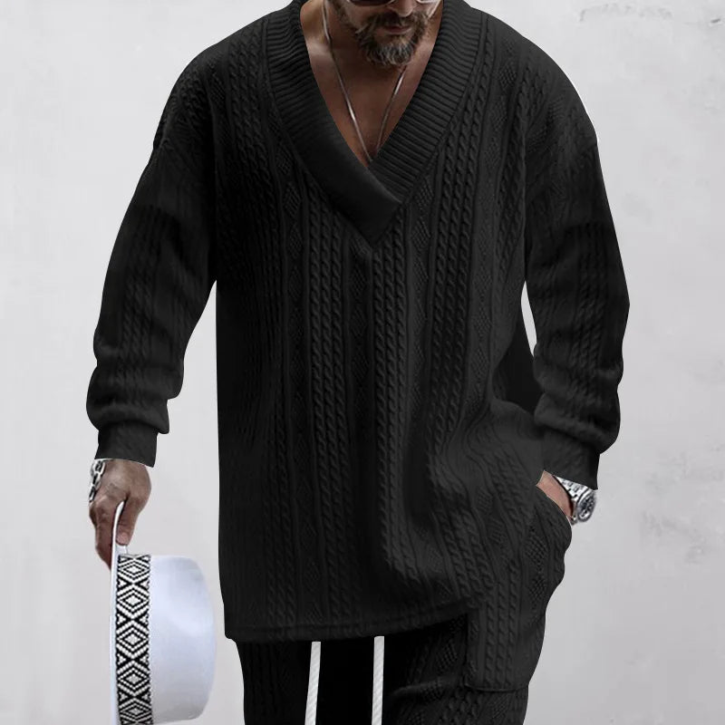 2025 Cross-border New Men's Casual Trousers V-Neck Versatile Jacquard Knitted Sweater Set