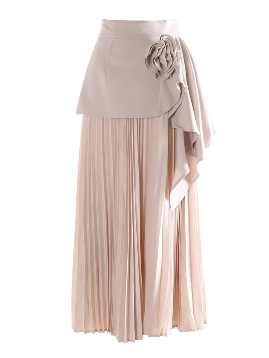 CHICEVER Elegant Spliced Asymmetrical Ruffles Skirts for Women High Waist Patchwork Appliques Pleated Long Skirt Female Spring