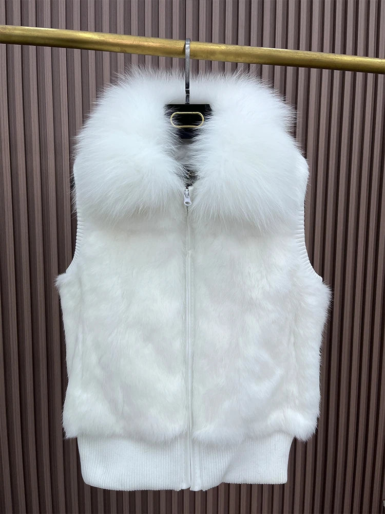 Women's Genuine Real Rabbit Fur Vest Coat Knitting Winter Fox Fur Collar Fur Jacket Casual Short Outwear Slim with Zipper