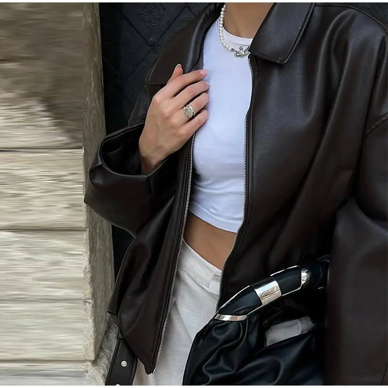 Street Women's Belt Leather Jackets Loose Lapel Zipper Long Sleeve Pockets Female Coats 2026 Autumn Lady Fashion Y2k Outwear