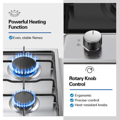 TopStrong 2/4/5 Burner 4200W Stainless Steel Auto Flame Protection Built-in for Natural Gas/Propane, Easy Clean, 30cm‌ Gas Hob