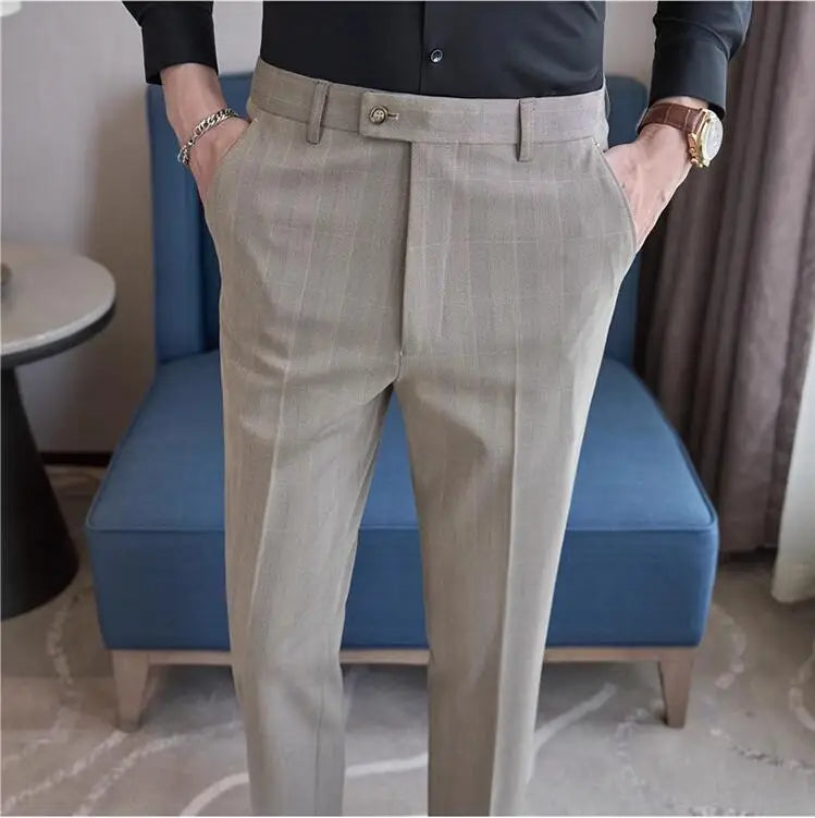Men Plaid Wedding Dress Trousers High Quality Male Boutique Formal Wear Slim Suits Pants Men British Style Business Suit Pants