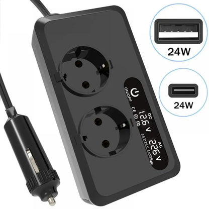 200W Car Power Inverter 12V DC To 220V AC With Dual EU Outlets, Dual USB, Dual Type-C Ports, LCD Display