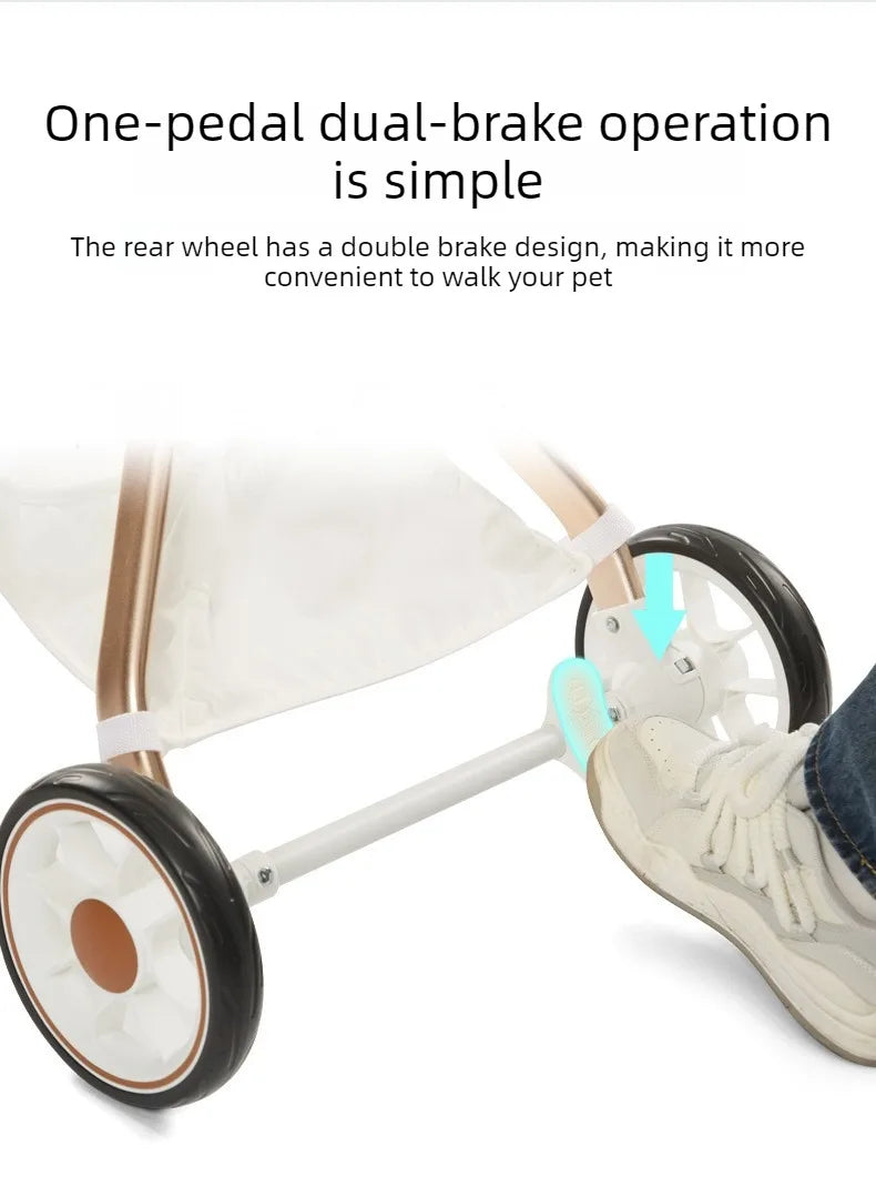 Foldable Dog Stroller Milk White PU Waterproof High Landscape Pet Stroller Outdoor Travel Pet Trolley Bearing Weight 15 KG