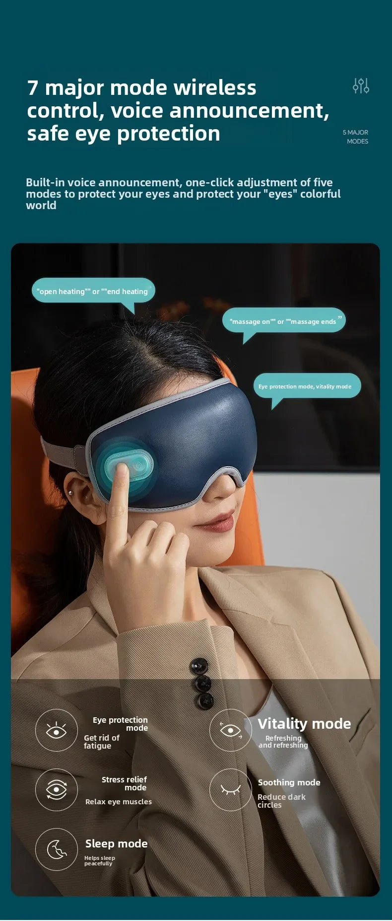7 Mode Smart Eye Massager USB Charging Eyemask 3D Vibration Massage Eye Relax Warmth Sleep Shading Office Home Travel Eye Mask