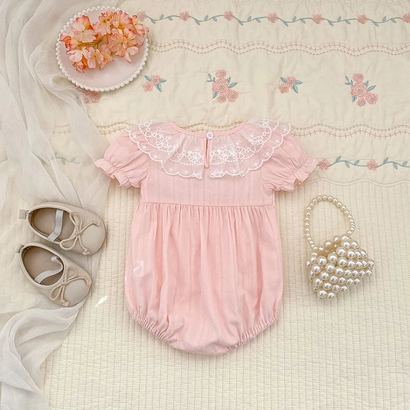 2026 New Newborn Baby Girl Bodysuits 0-24M Baby Girl Romper Summer Short Sleeved Cotton Lace Collar Baby Girl Jumpsuit