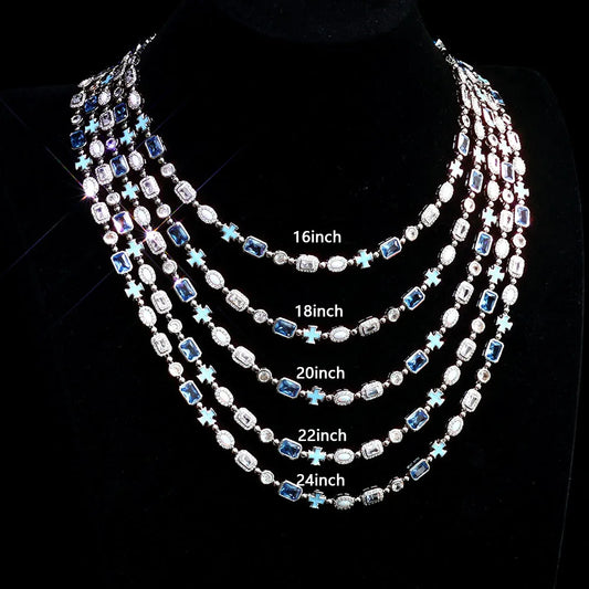 ESKEEM 6mm Geometric Blue Gemstone Necklace Oil Drip Cross Pendant Iced Out CZ Stones Opal Chain Hip Hop Jewelry Men Women Gift