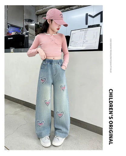 New 4-14 Years Spring Autumn Teenage Girls Jeans Full Print Bow Embroidery Fashion Wide-leg Denim Pants For Kids