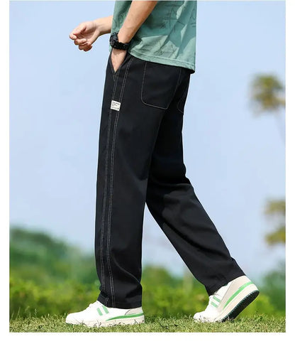Men's Summer Soft Lyocell Fabric Jeans Thin Loose Straight Denim Pants Drawstring Elastic Waist Casual Trousers Plus Size M-5XL