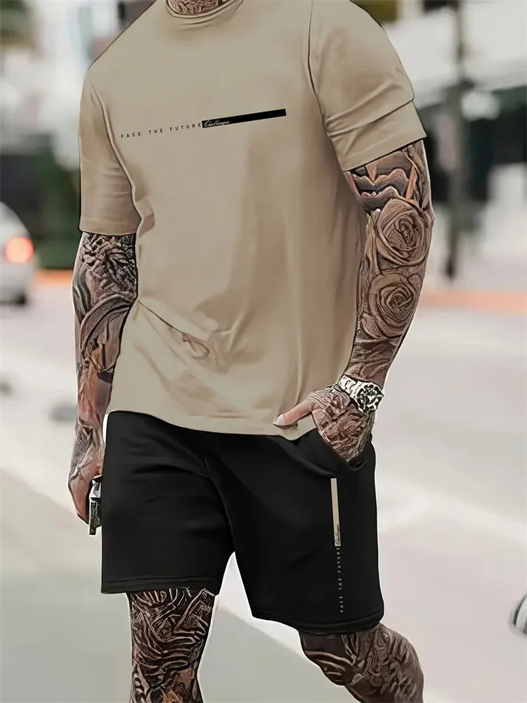 2025 New Men's Summer Round Neck Short Sleeve Suit Outdoor Sports Breathable Comfortable Shorts Suit Letter Print Casual Suit