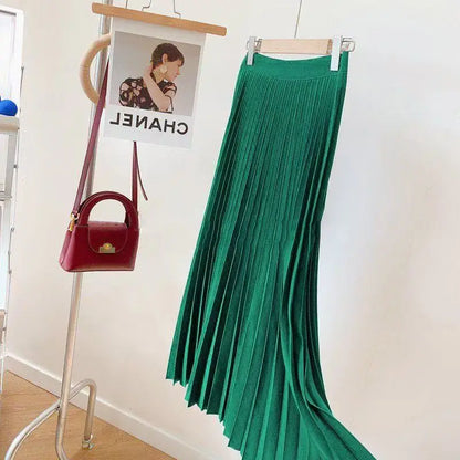 Women Summer Solid Pleated Satin Long Skirt Korean New Fashion Ladies Work Casual Elastic High Waist A Line Party Loose Skirts