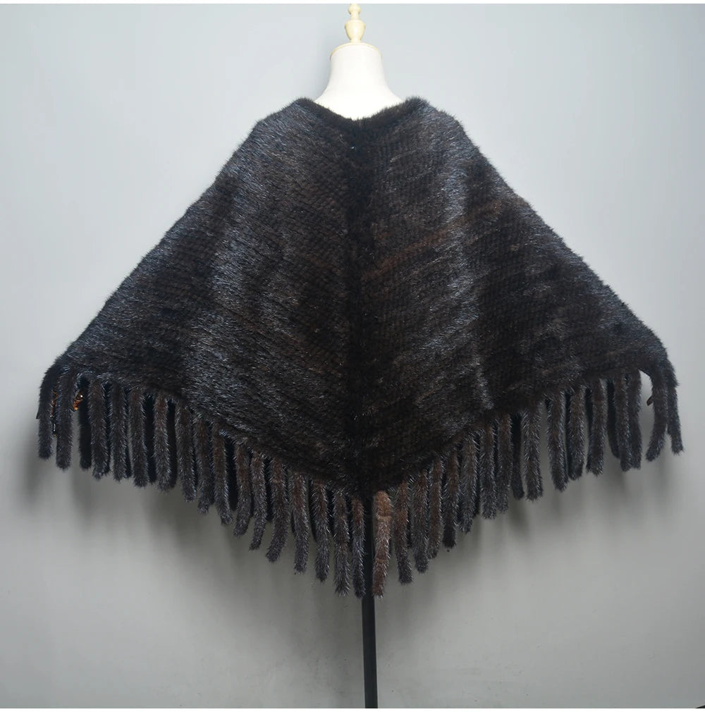 Fashion Women Fur Shawl Winter Knitted Real Mink Fur Stole With Fur Hood Knitted Mink Poncho Pashmina