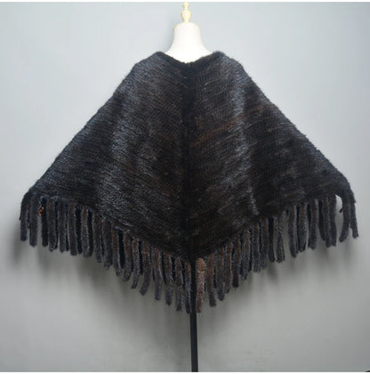 Fashion Women Fur Shawl Winter Knitted Real Mink Fur Stole With Fur Hood Knitted Mink Poncho Pashmina