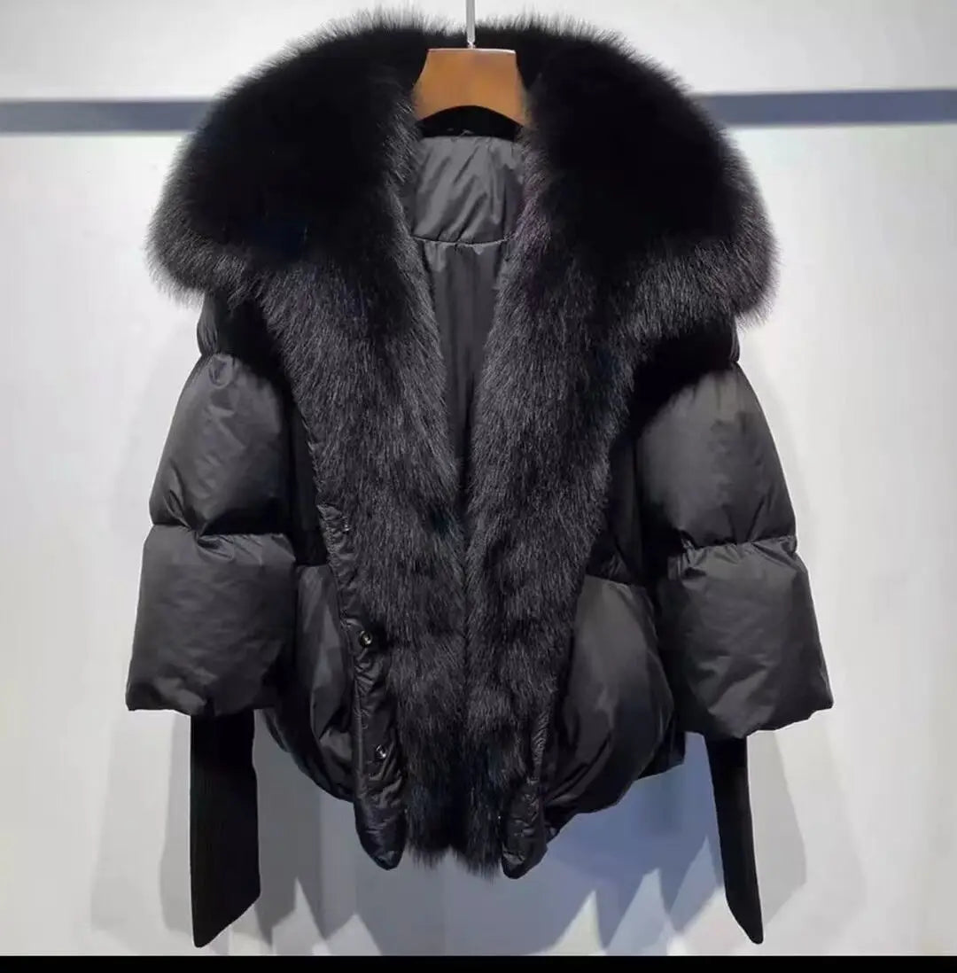 Oversized Winter Warm Real Fox Fur Collar Black Down Coat Women Puffer Outerwear Jackets 2024 Autumn Winter