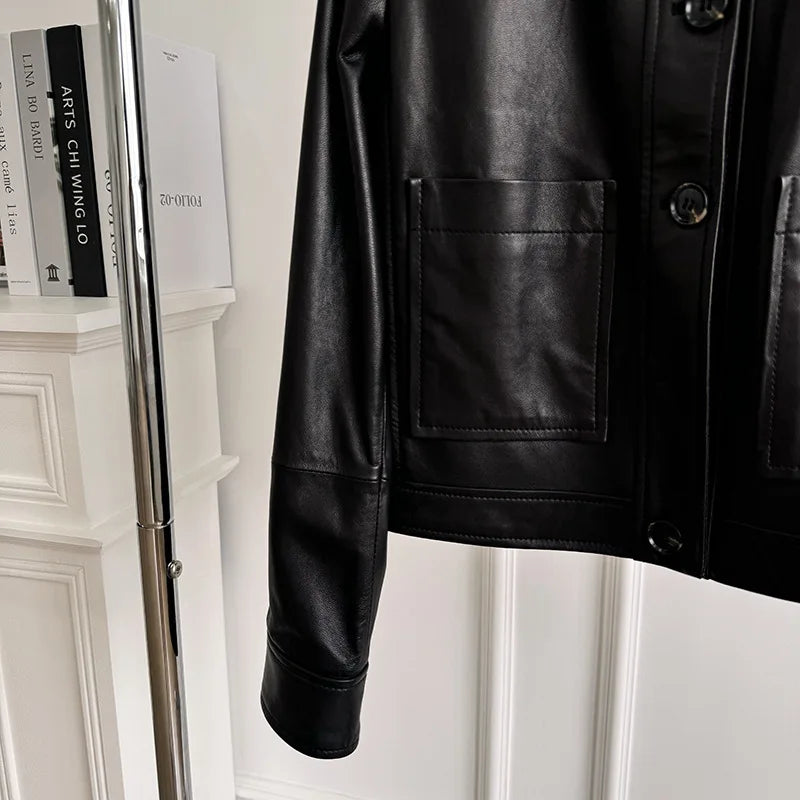 British Style Lapel Genuine Leather Jackets for Women Fashion Single-breasted Pockets Female Brown Casual Short Sheepskin Jacket
