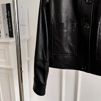 British Style Lapel Genuine Leather Jackets for Women Fashion Single-breasted Pockets Female Brown Casual Short Sheepskin Jacket
