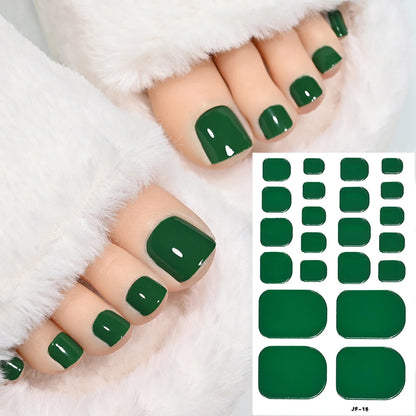 1Sheet=22Tips Glossy Red Toe Nail Stickers Full Cover Solid Color Press On Toenails Patch UV Baking Free Foot Gel Polish Wraps #