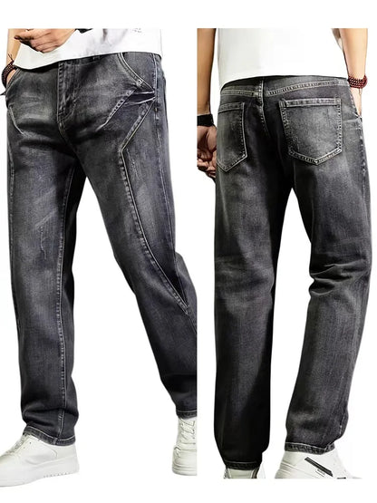 Men's New Straight Leg Stretchable Jeans Casual Pants with Personality Design Comfortable Fit Modern Style