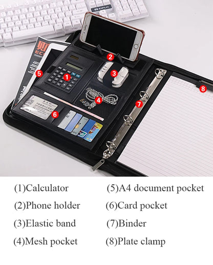 PU leather A4 zipper calculator binder conference file pad folder briefcase tablet portable circular handle file bag