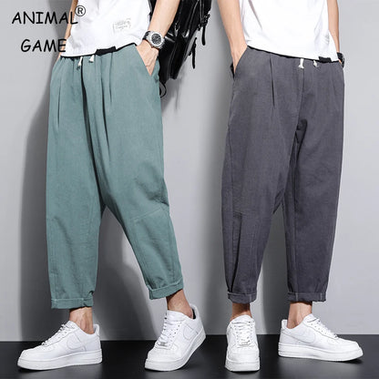 Streetwear Men Cotton Trousers Casual Solid Color Long Pants Breathable Drawstring Straight Pants Harem Pants Men Baggy Pants