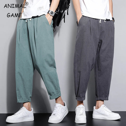 Streetwear Men Cotton Trousers Casual Solid Color Long Pants Breathable Drawstring Straight Pants Harem Pants Men Baggy Pants