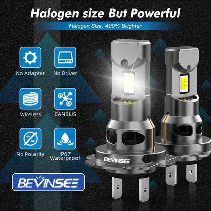 BEVINSEE H7 LED CANBUS Bulb Super Bright 70W 12000LM 1:1 Halogen Size H7 LED Headlights Auto Diode Lamp Turbo Wireless 6000K 12V