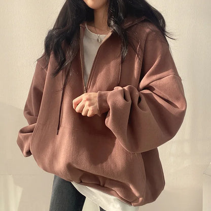 2024 Harajuku Loose Pullover Women Hoodie Oversized Top Summer Zip Up Sweatshirt Female Casual Long Sleeve Pocket Hooded