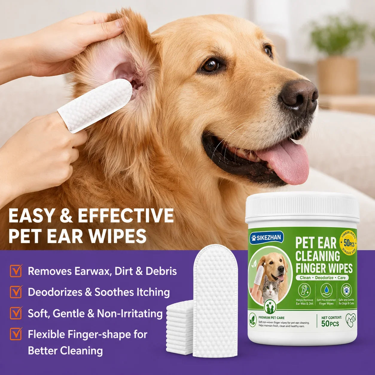 SIKEZHAN 50 Count Pet Ear Cleaning Finger Wipes, Safe Gentle Soft Pre-Moistened Wiping Sleeves for Dogs Cats Wax Dirt Remover