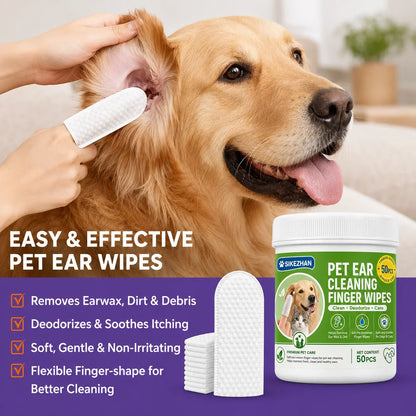 SIKEZHAN 50 Count Pet Ear Cleaning Finger Wipes, Safe Gentle Soft Pre-Moistened Wiping Sleeves for Dogs Cats Wax Dirt Remover