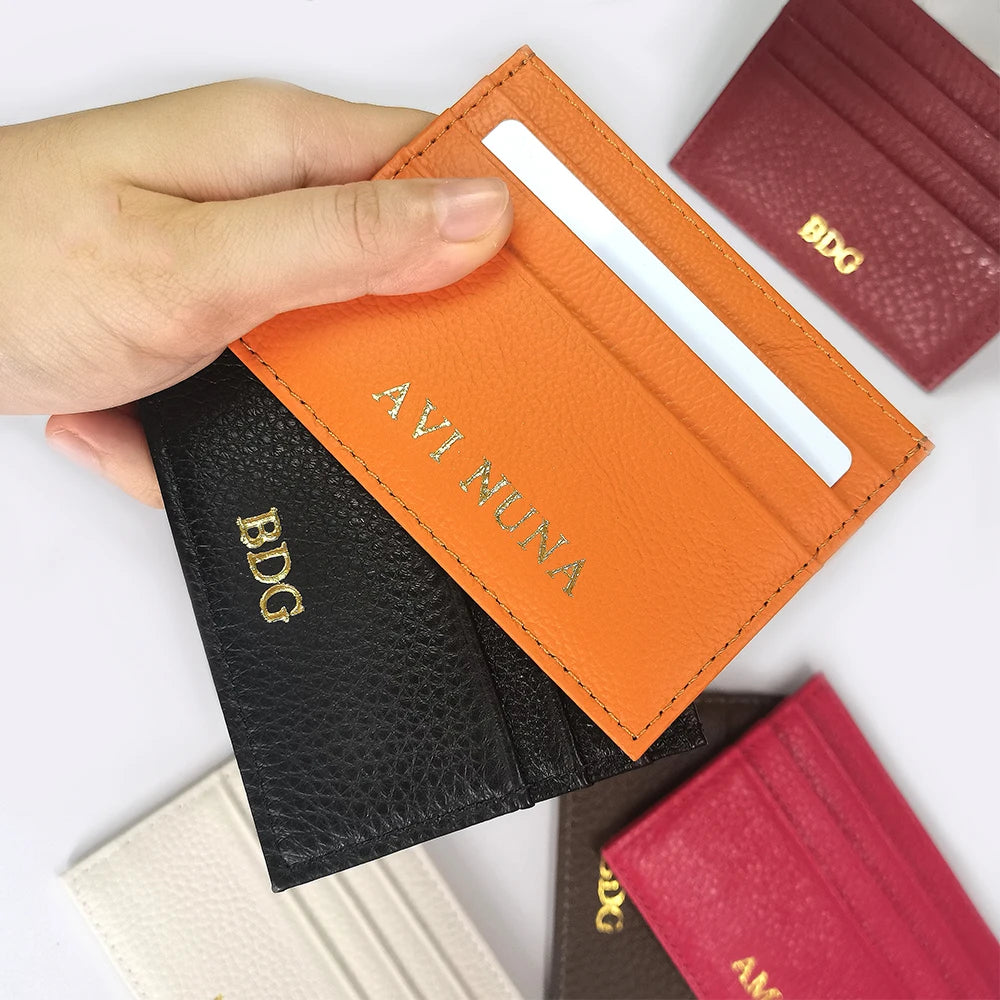 Custom Company Logo Cowhide Card Holder Woman Man Fashion Slim Mini Card Bag Genuine Leather Engrave Name Luxury Casual Purse