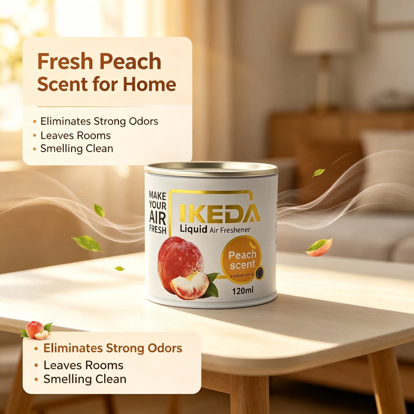 IKEDA Liquid Air Freshener Peach Scent, Odor Eliminator Deodorizer, Long-Lasting Freshness, Europe Style 120ml Bottle